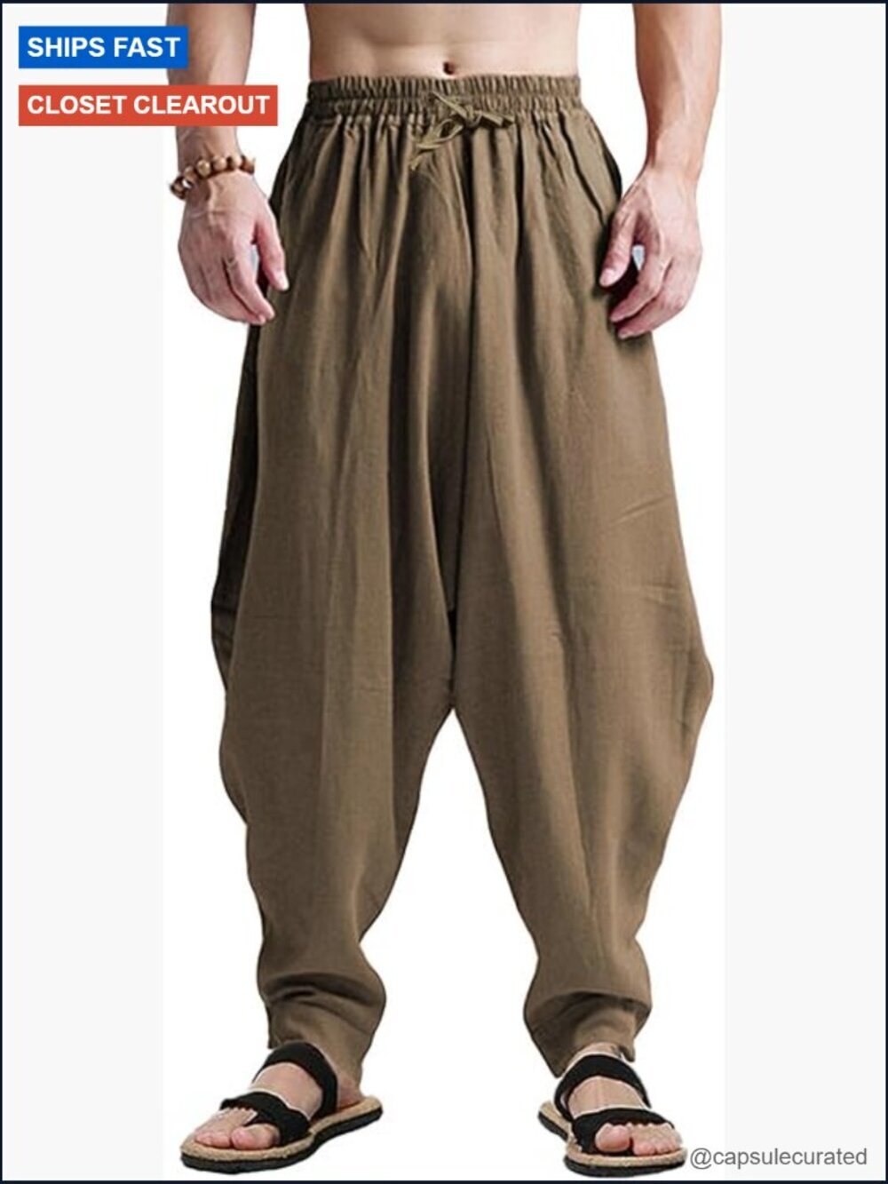 Mens Harem Pants Loose Fit Elastic Waist Drawstring Aladdin Hippie Trousers